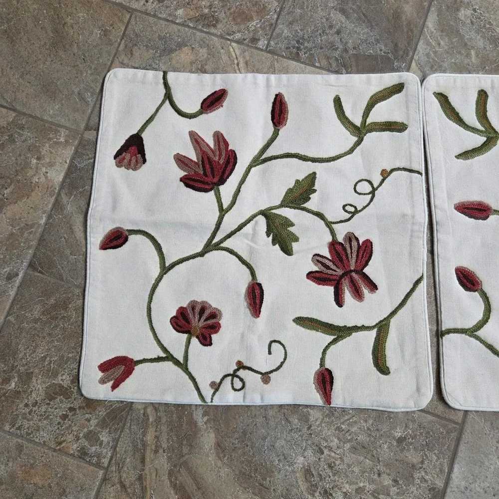 Floral Crewel‎ Embroidered Throw Pillow Covers Set of 2 Cream Burgundy 17.5x17.5